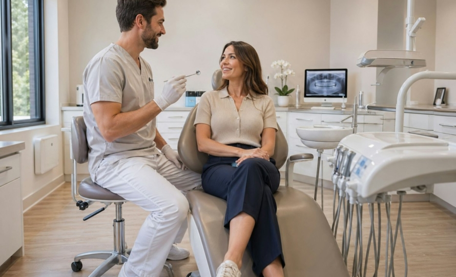 Dentist reviewing dental insurance benefits with a patient in Avon, IN