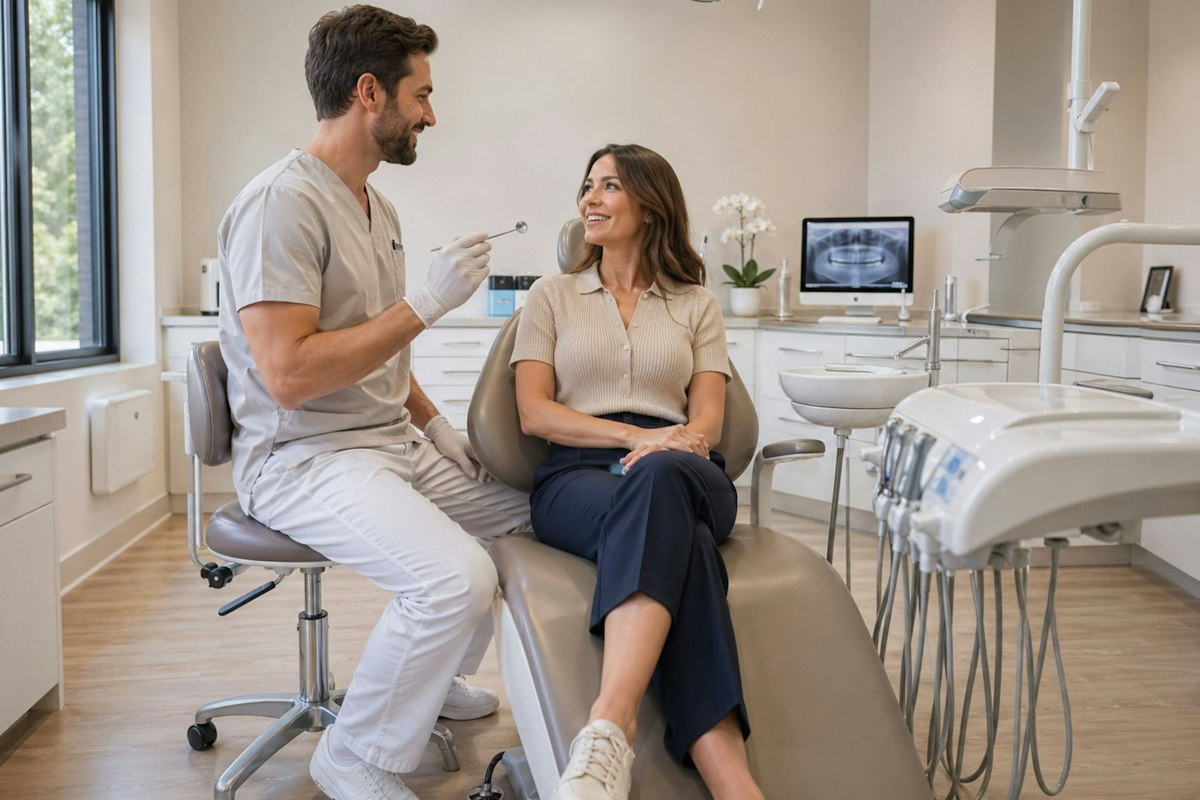 Dentist reviewing dental insurance benefits with a patient in Avon, IN